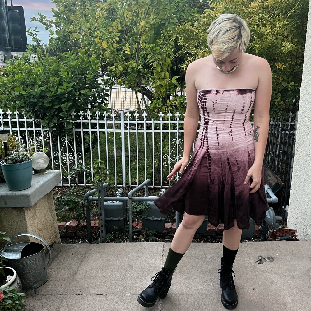 Upcycled gradient mauve sleeveless dress with embroidered flowers & beads